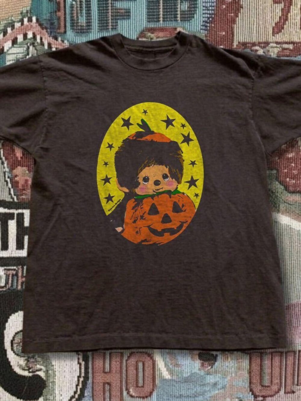 Vintage Halloween Monchhichi Doll Pumpkin Graphic T-Shirt Y2K Retro Black Tee